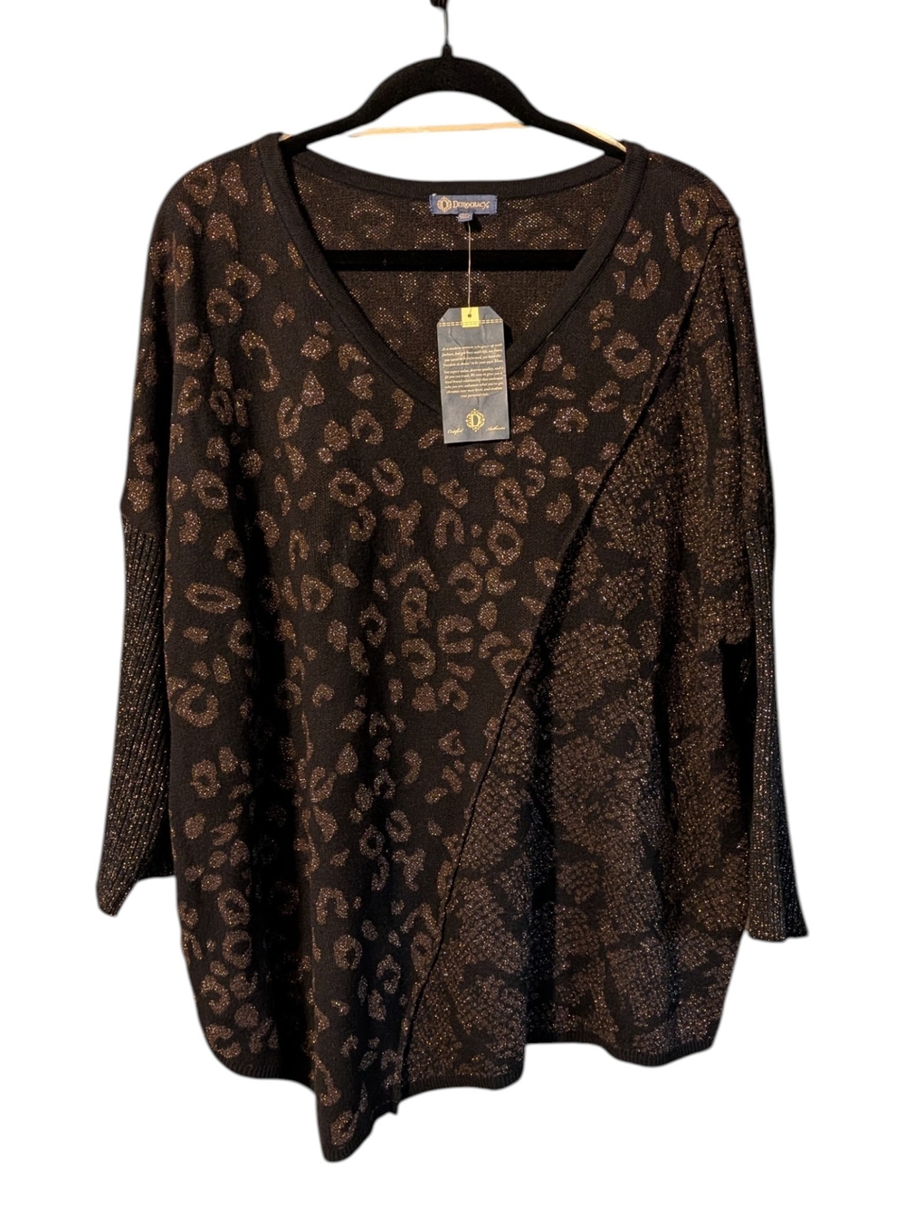 Democracy Black & Bronze Leopard Print V-Neck Sweater